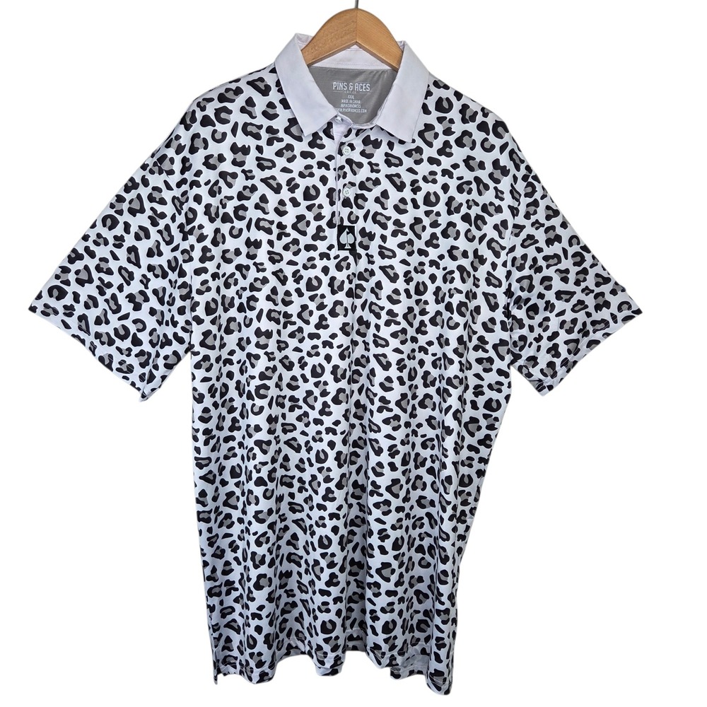 Pins & Aces Mens White Leopard Print Performance Golf Polo Shirt XXXL Bold Logo